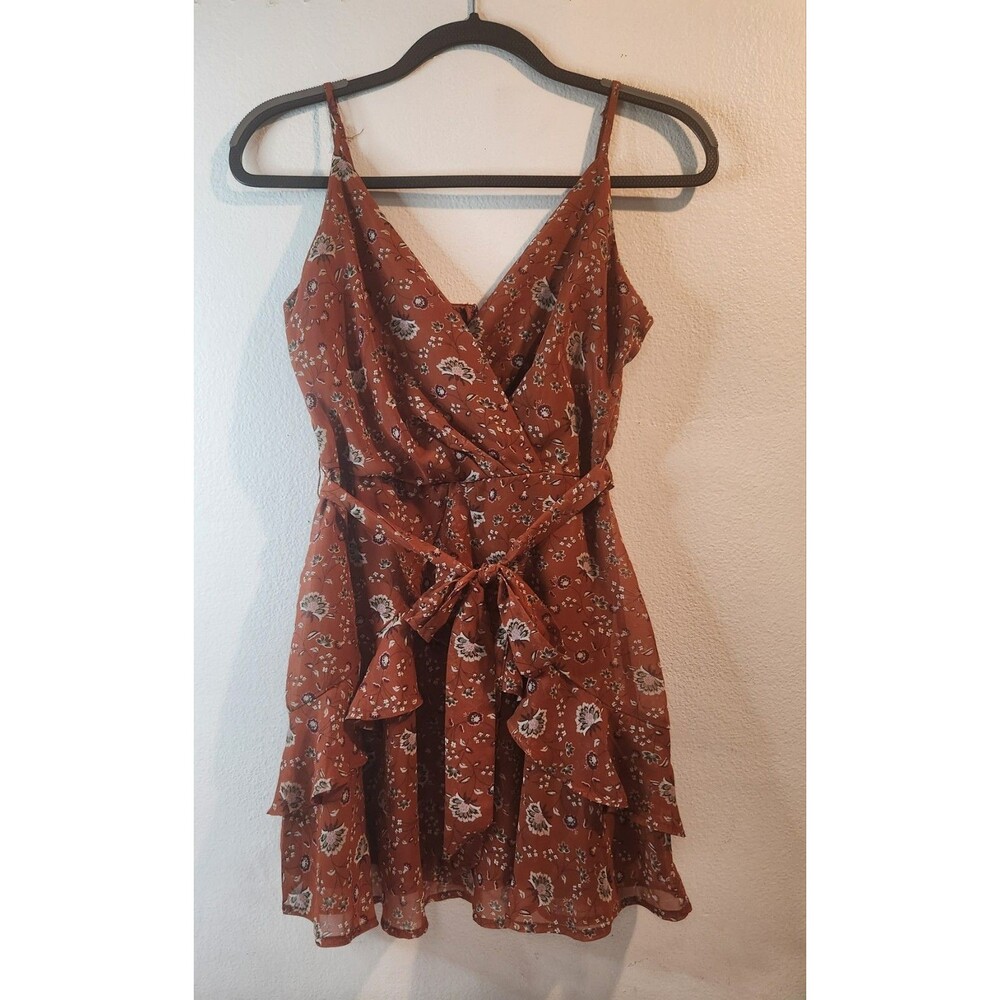 Trixxi Romantic Rust Floral Mini Dress-Faux Wrap V-Neck-Ruffle Tiered Hem -Sz S